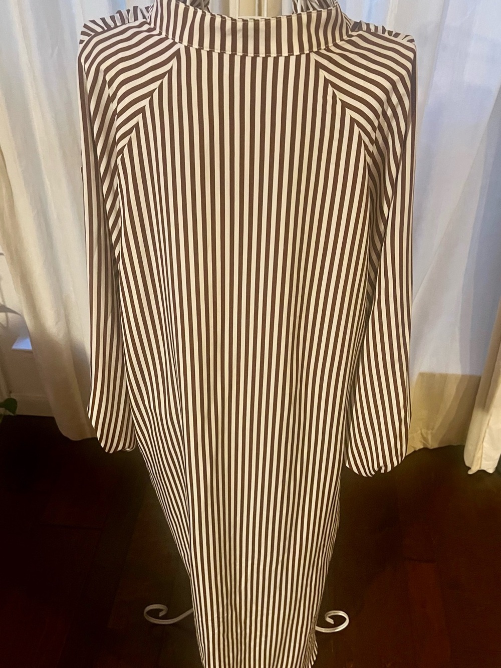 Vertical Stripe Long Sleeve Shirt Dress in Brown and White - Picture 5 of 8